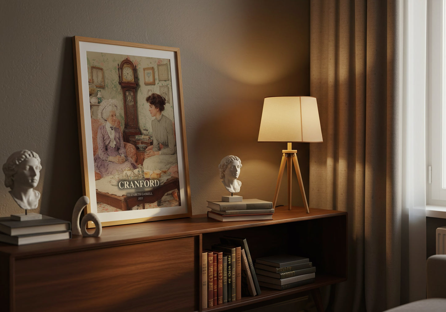 Cranford watercolour print on bookshelf – Elizabeth Gaskell fan gift
