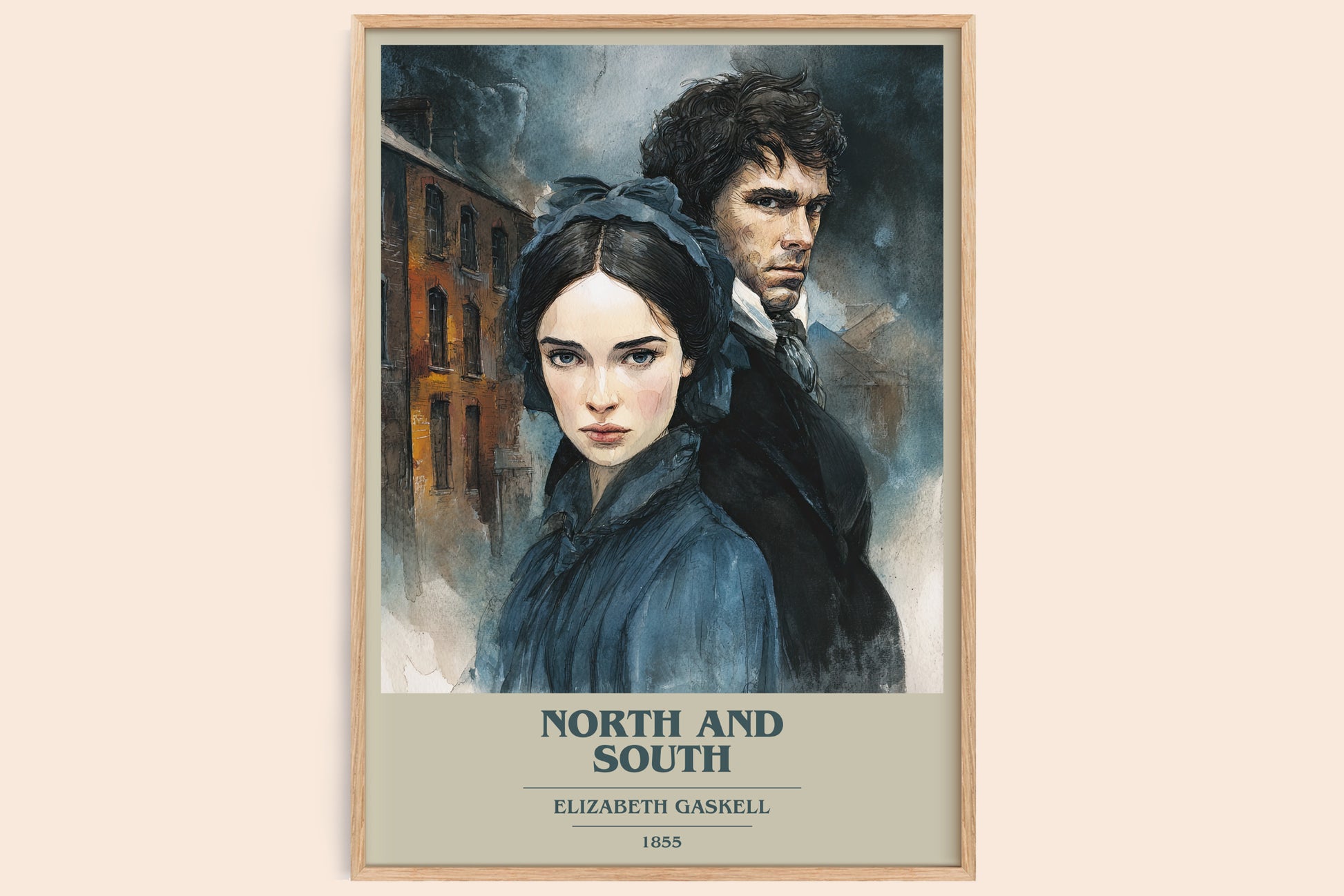 North And South book cover book poster by Elizabeth Gaskell – framed literary art print