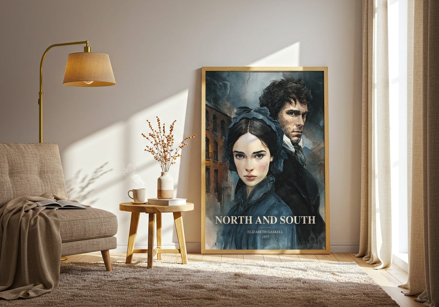 North And South watercolour print in frame leaning in hallway – classic literature wall art