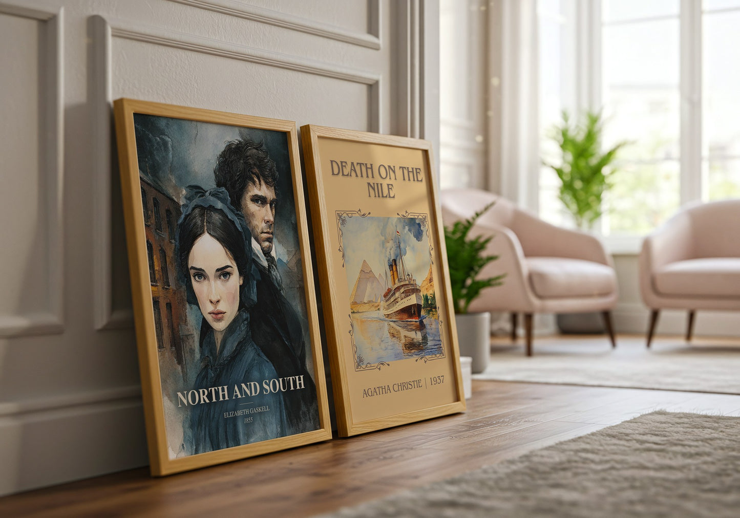 North And South watercolour print framed by window – literary home decor