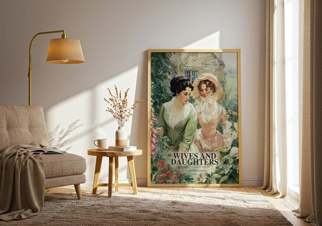 Wives And Daughters watercolour print in frame leaning in hallway – classic literature wall art (mockup)