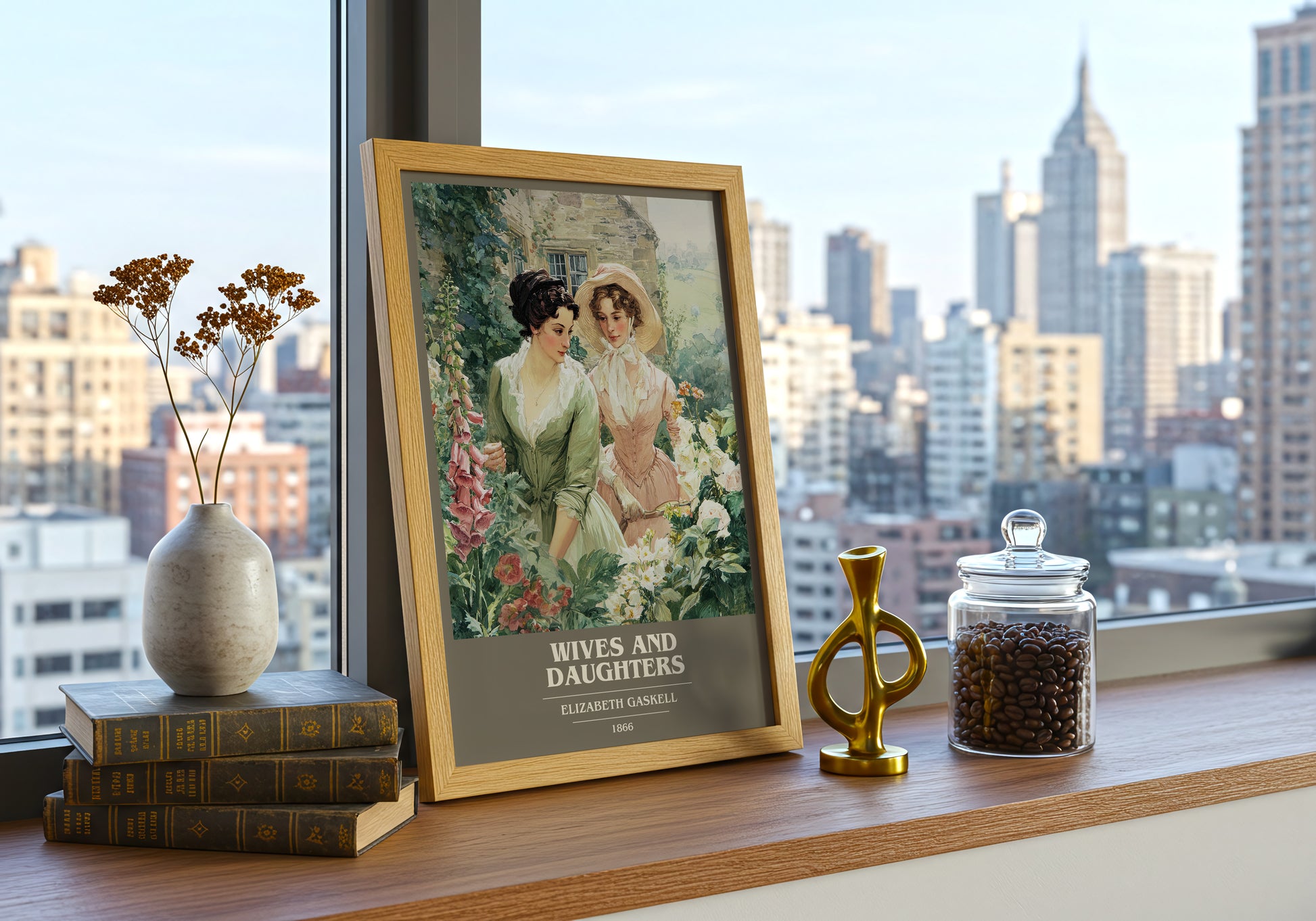 Wives And Daughters book cover print framed by window – literary home decor
