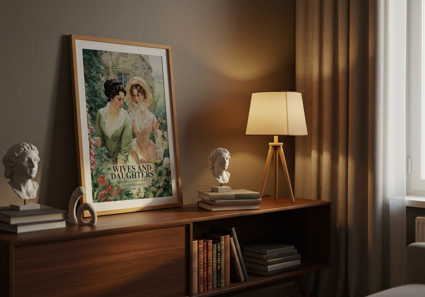 Wives And Daughters watercolour print on bookshelf – Elizabeth Gaskell fan gift