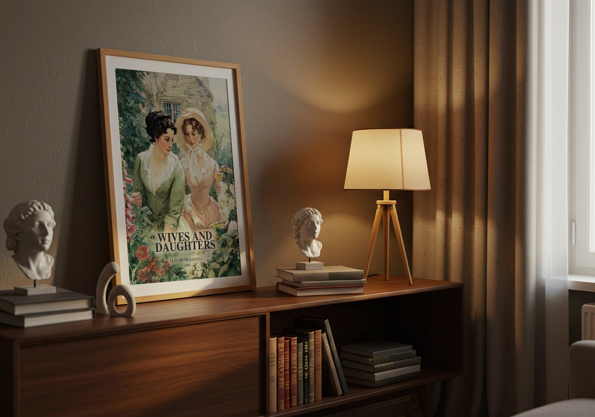 Wives And Daughters watercolour print on bookshelf – Elizabeth Gaskell fan gift