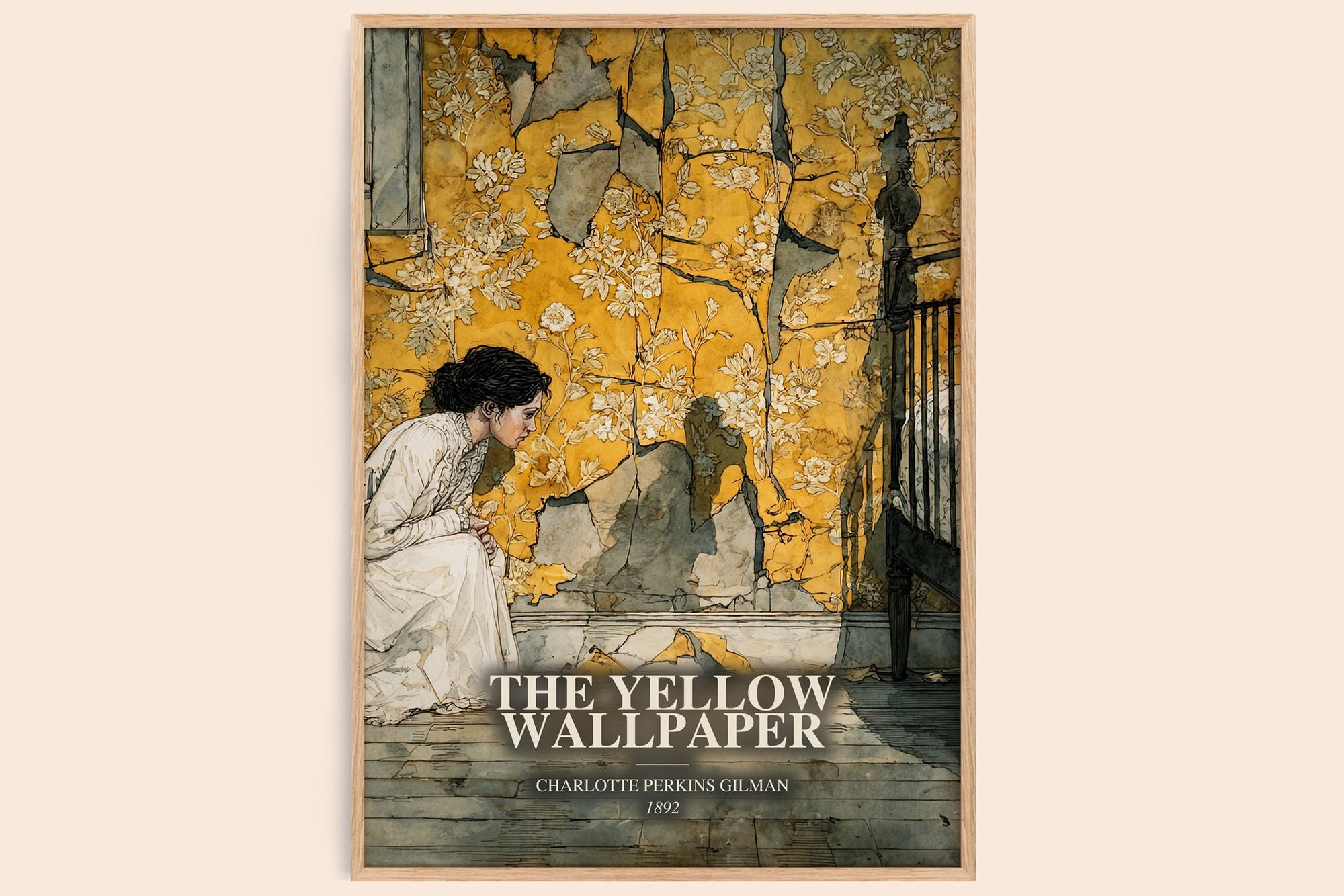 The Yellow Wallpaper watercolour book poster by Charlotte Perkins Gilman – framed literary art print