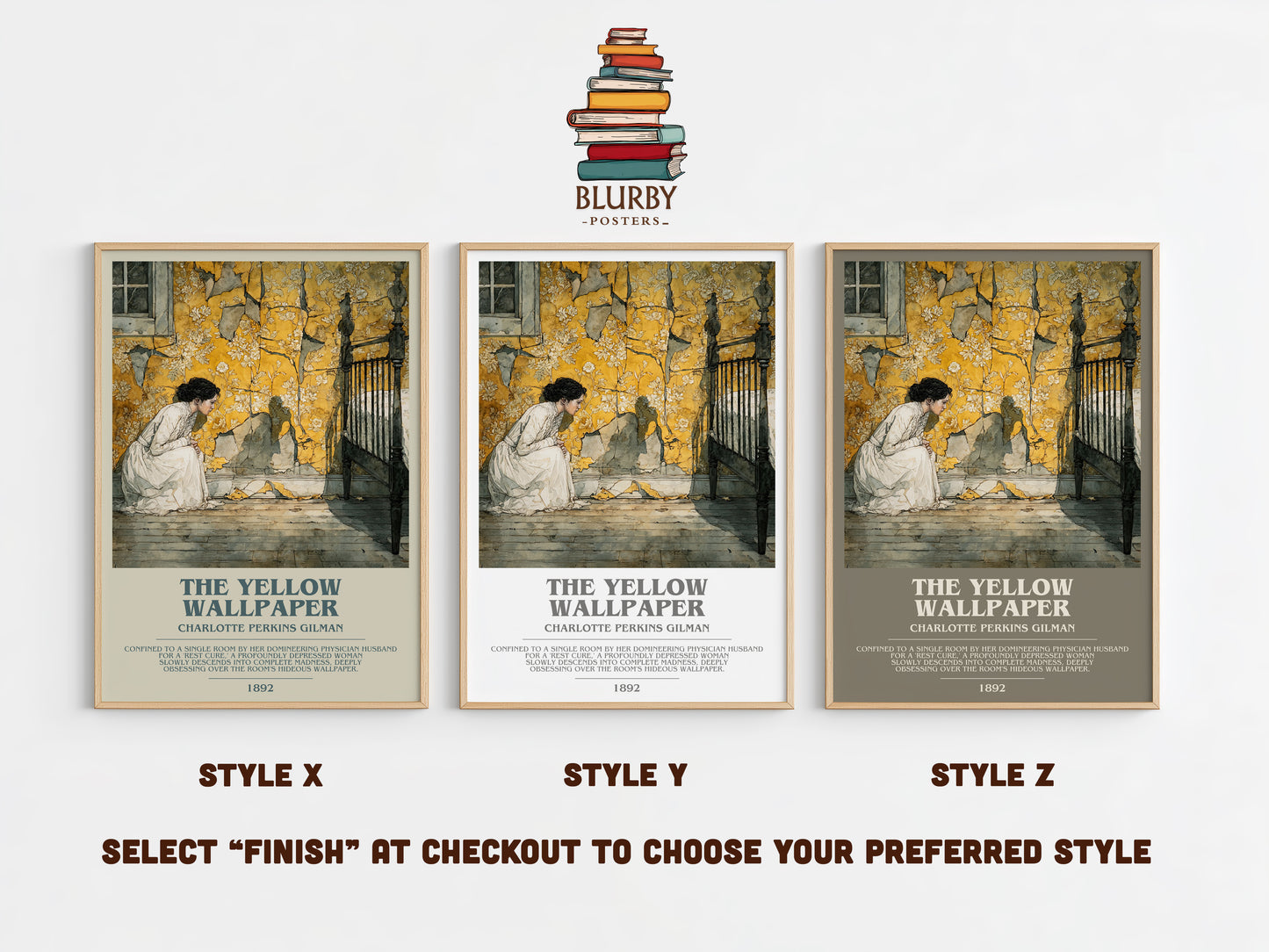 The Yellow Wallpaper bookish print in frame leaning in hallway – classic literature wall art