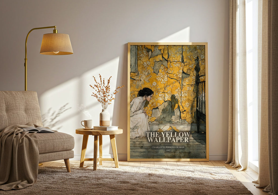 The Yellow Wallpaper watercolour print in frame leaning in hallway – gothic wall art (mockup)