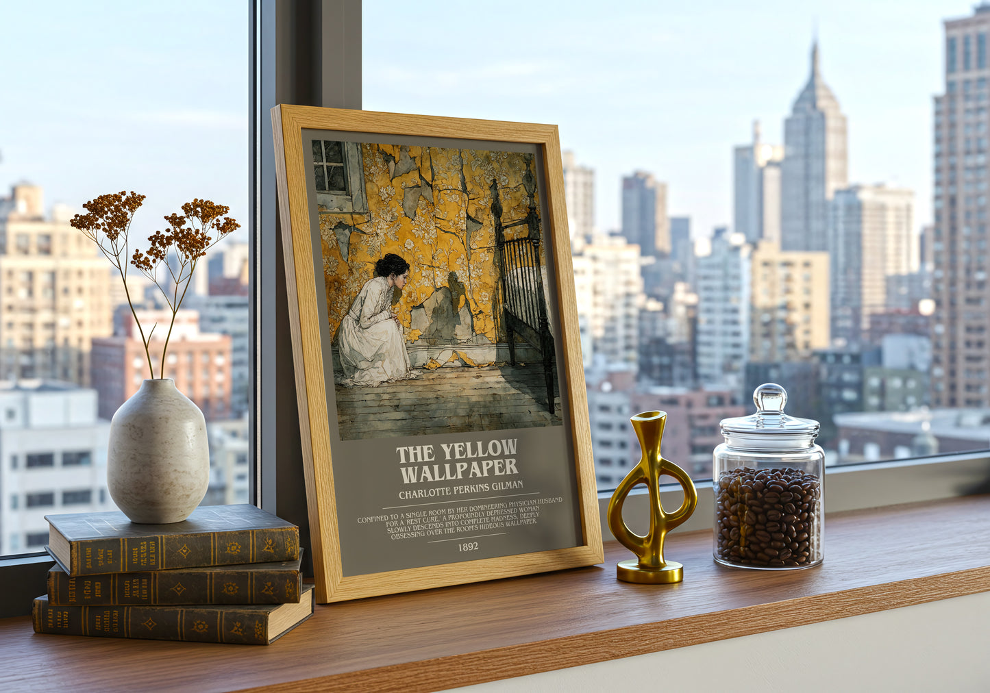 The Yellow Wallpaper bookish print framed by window – literary home decor
