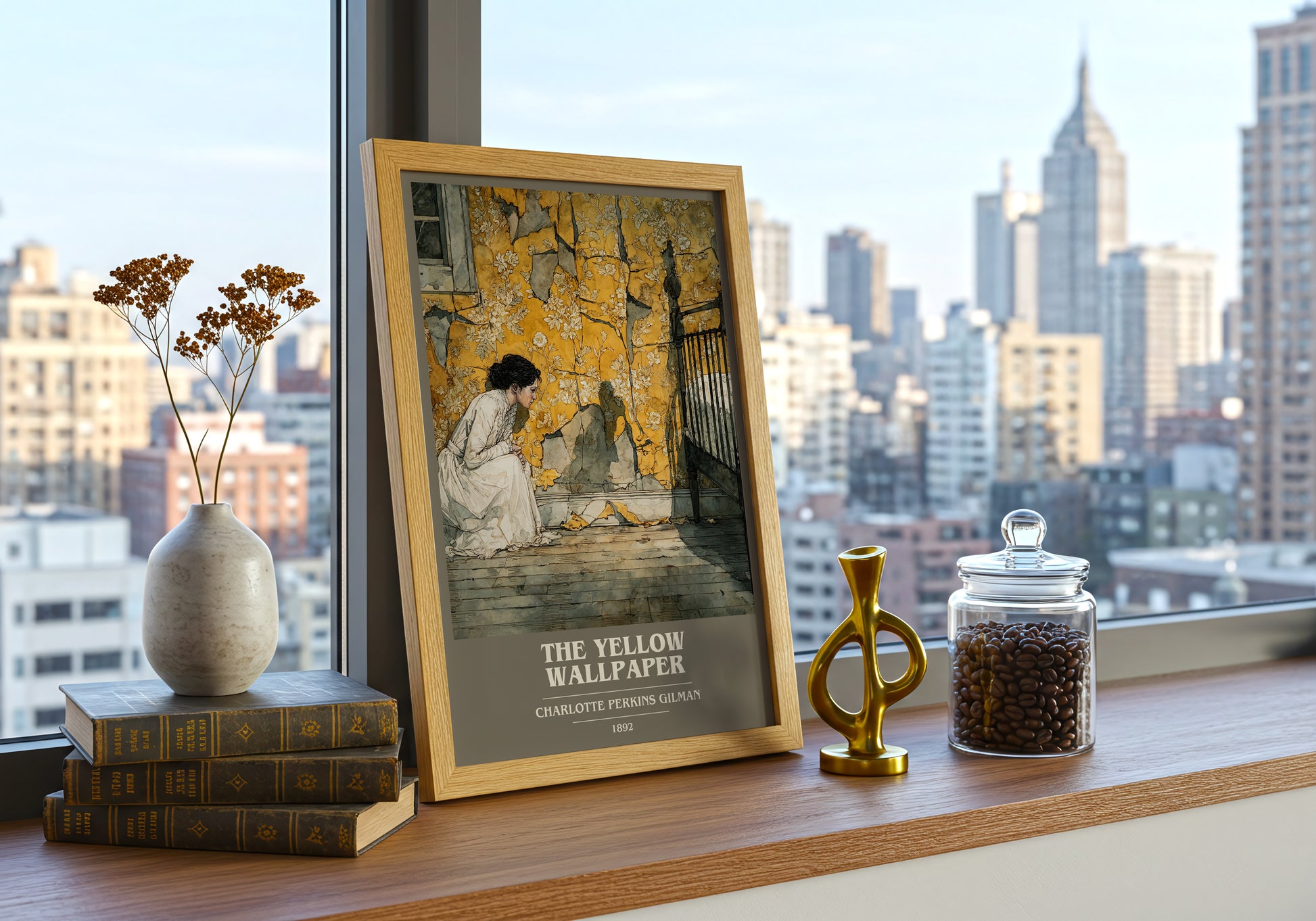 The Yellow Wallpaper book cover print framed by window – literary home decor
