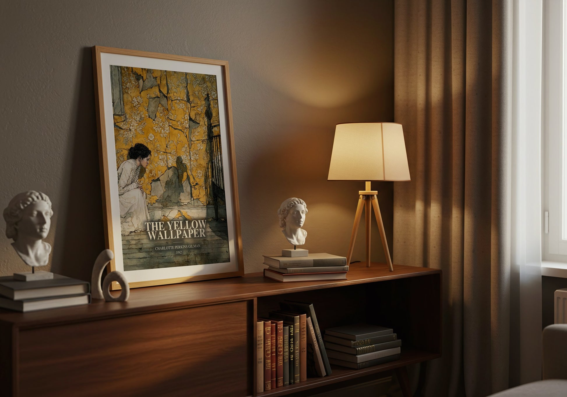 The Yellow Wallpaper watercolour print on bookshelf – Charlotte Perkins Gilman fan gift