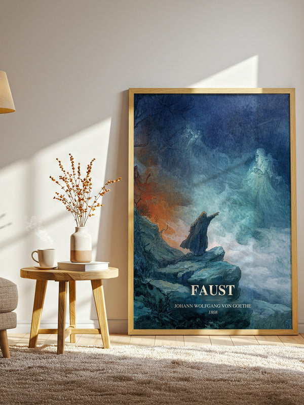 Faust watercolour print in frame leaning in hallway – classic literature wall art