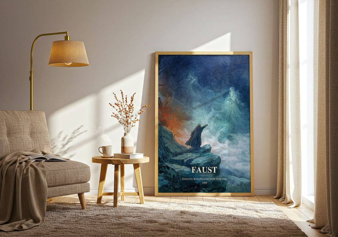 Faust watercolour print in frame leaning in hallway – classic literature wall art (mockup)