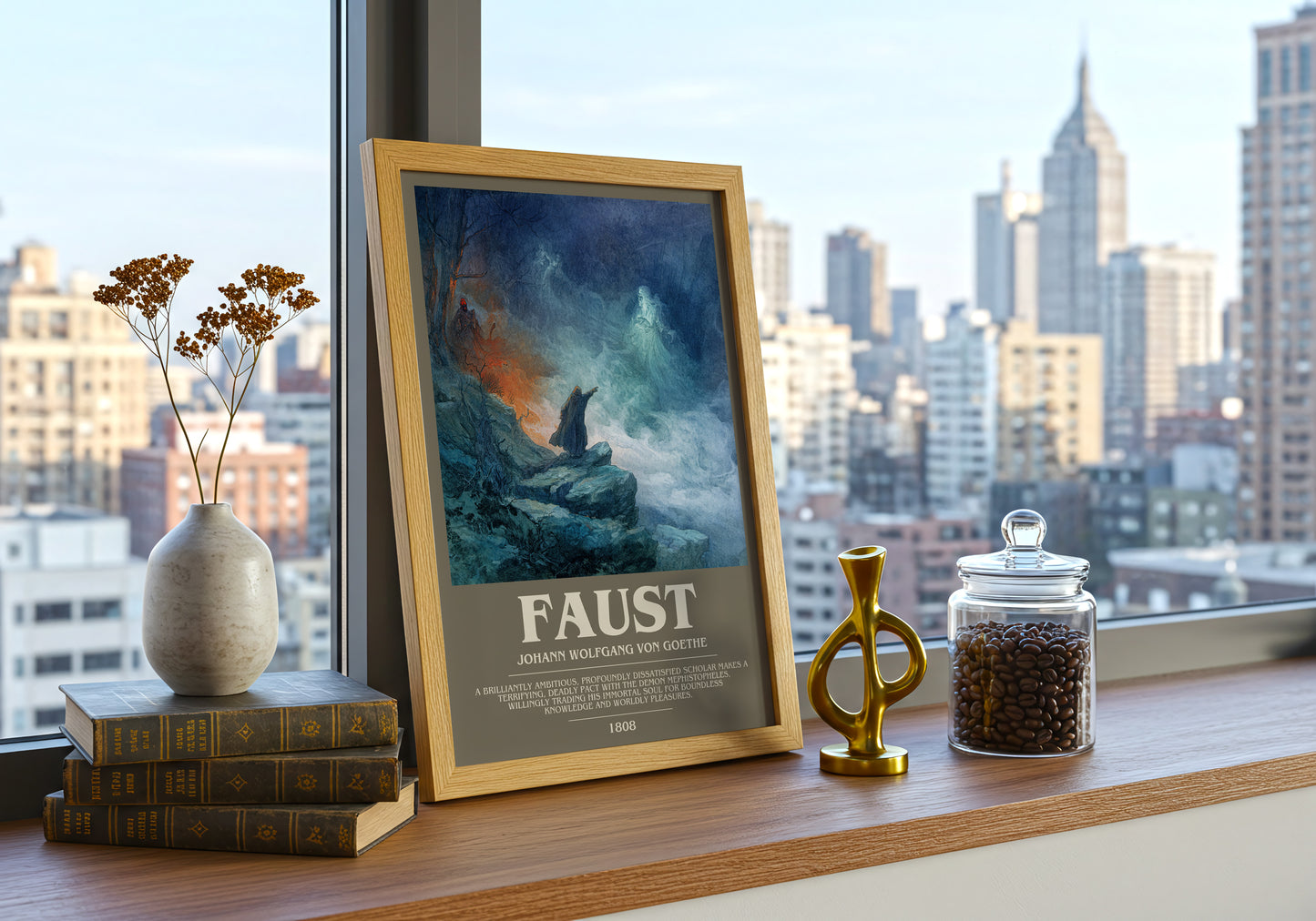 Faust bookish print framed by window – literary home decor