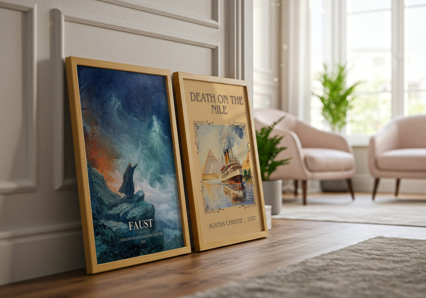 Faust watercolour print framed by window – literary home decor
