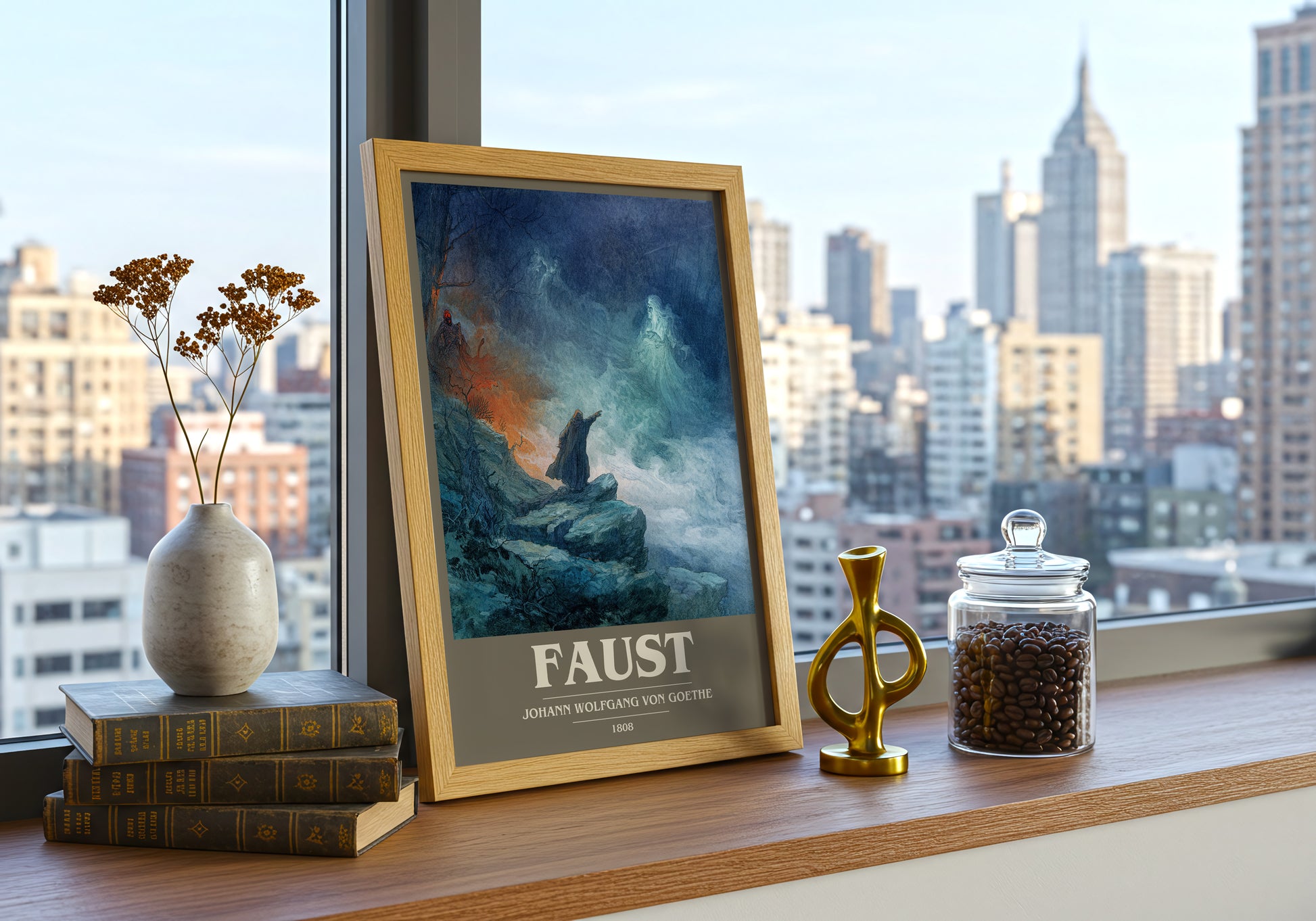 Faust book cover print framed by window – literary home decor