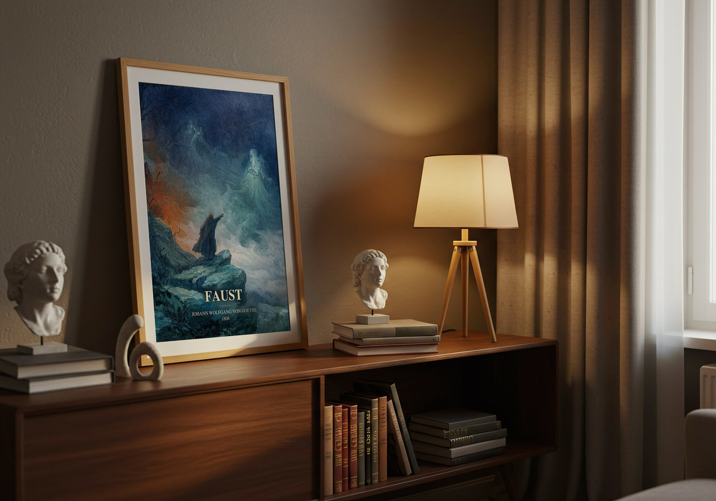 Faust watercolour print on bookshelf – Johann Wolfgang Von Goethe fan gift