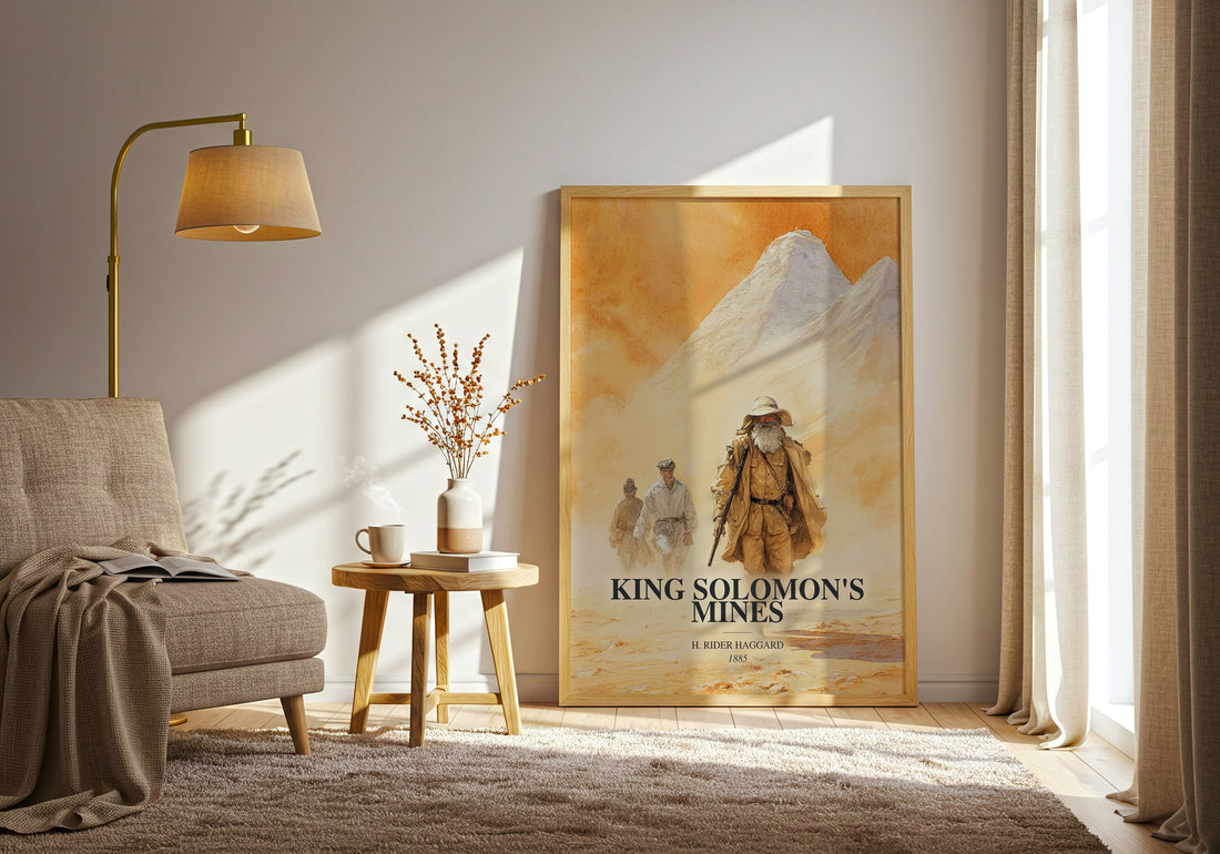 King Solomon'S Mines watercolour print in frame leaning in hallway – adventure wall art (mockup)