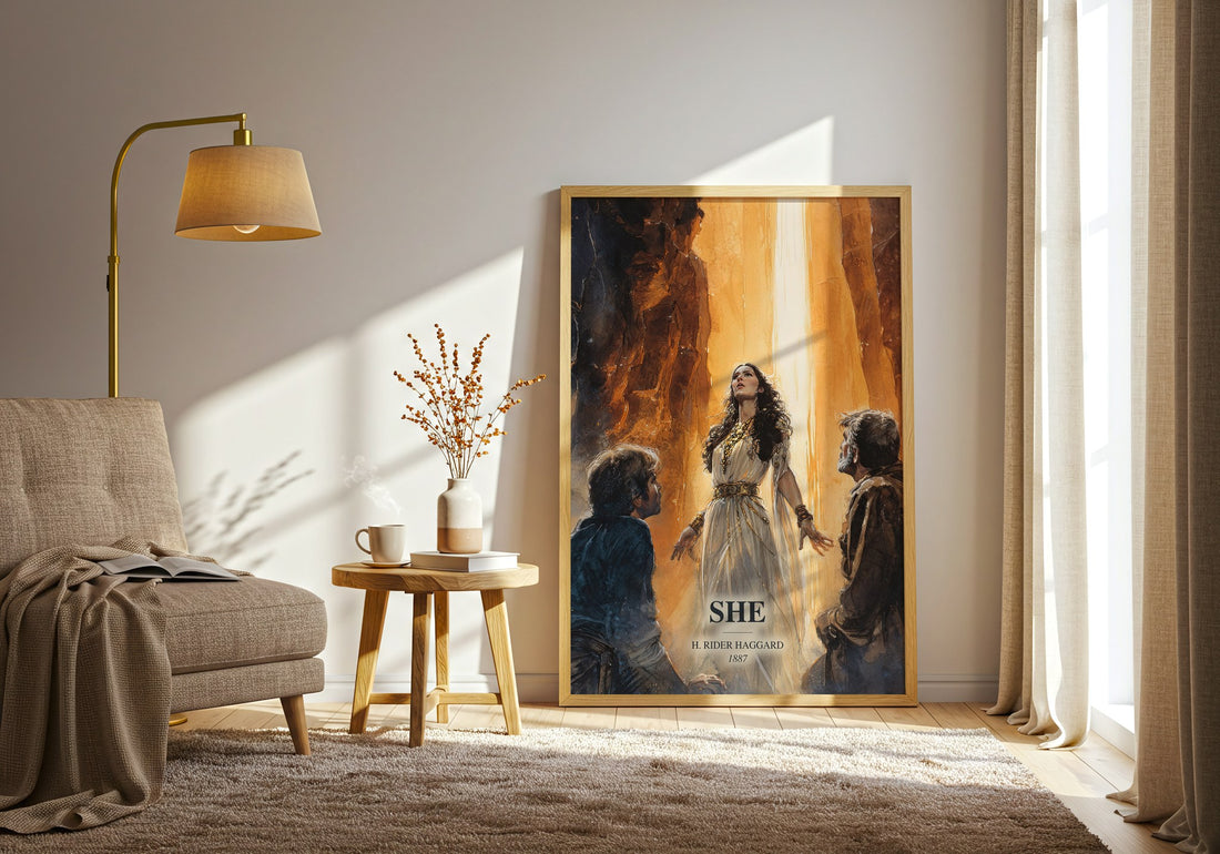 She watercolour print in frame leaning in hallway – adventure wall art (mockup)