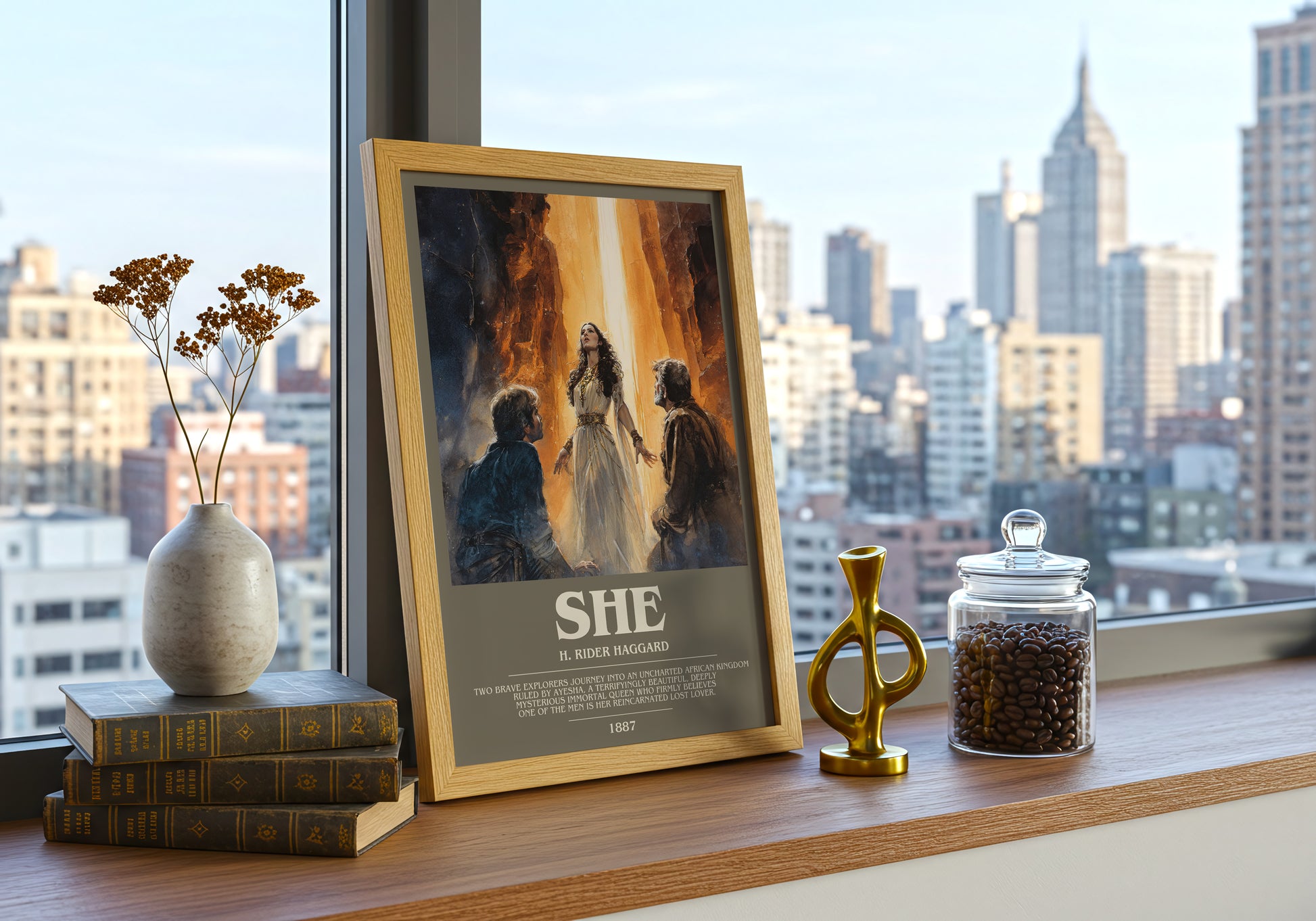 She bookish print framed by window – literary home decor