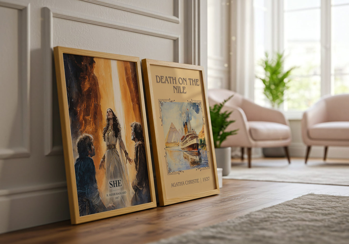 She watercolour print framed by window – literary home decor