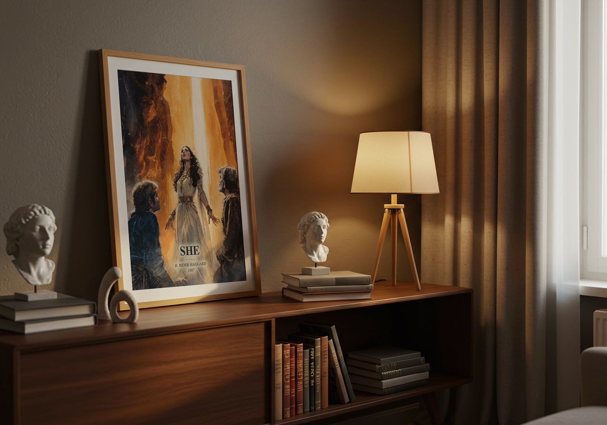 She watercolour print on bookshelf – H. Rider Haggard fan gift