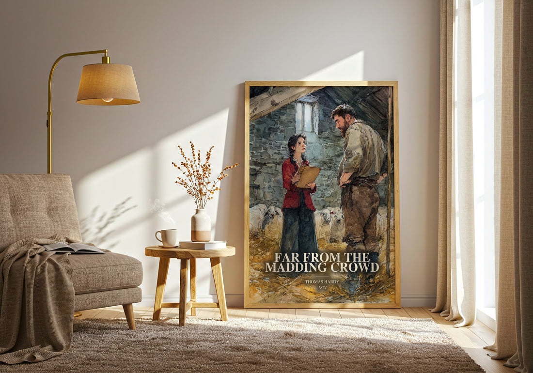 Far From The Madding Crowd watercolour print in frame leaning in hallway – classic literature wall art (mockup)
