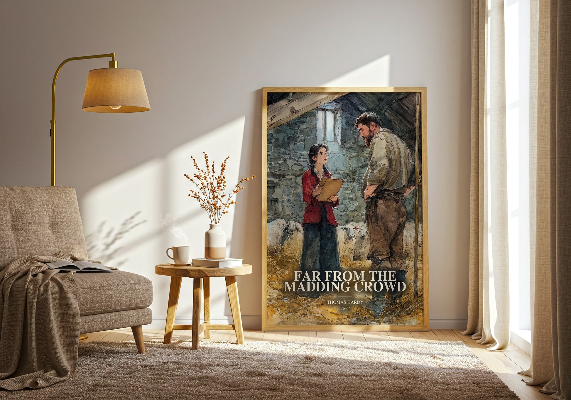 Far From The Madding Crowd watercolour print in frame leaning in hallway – classic literature wall art