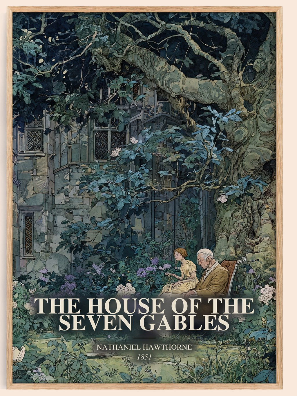 The House Of The Seven Gables watercolour book poster by Nathaniel Hawthorne – framed literary art print