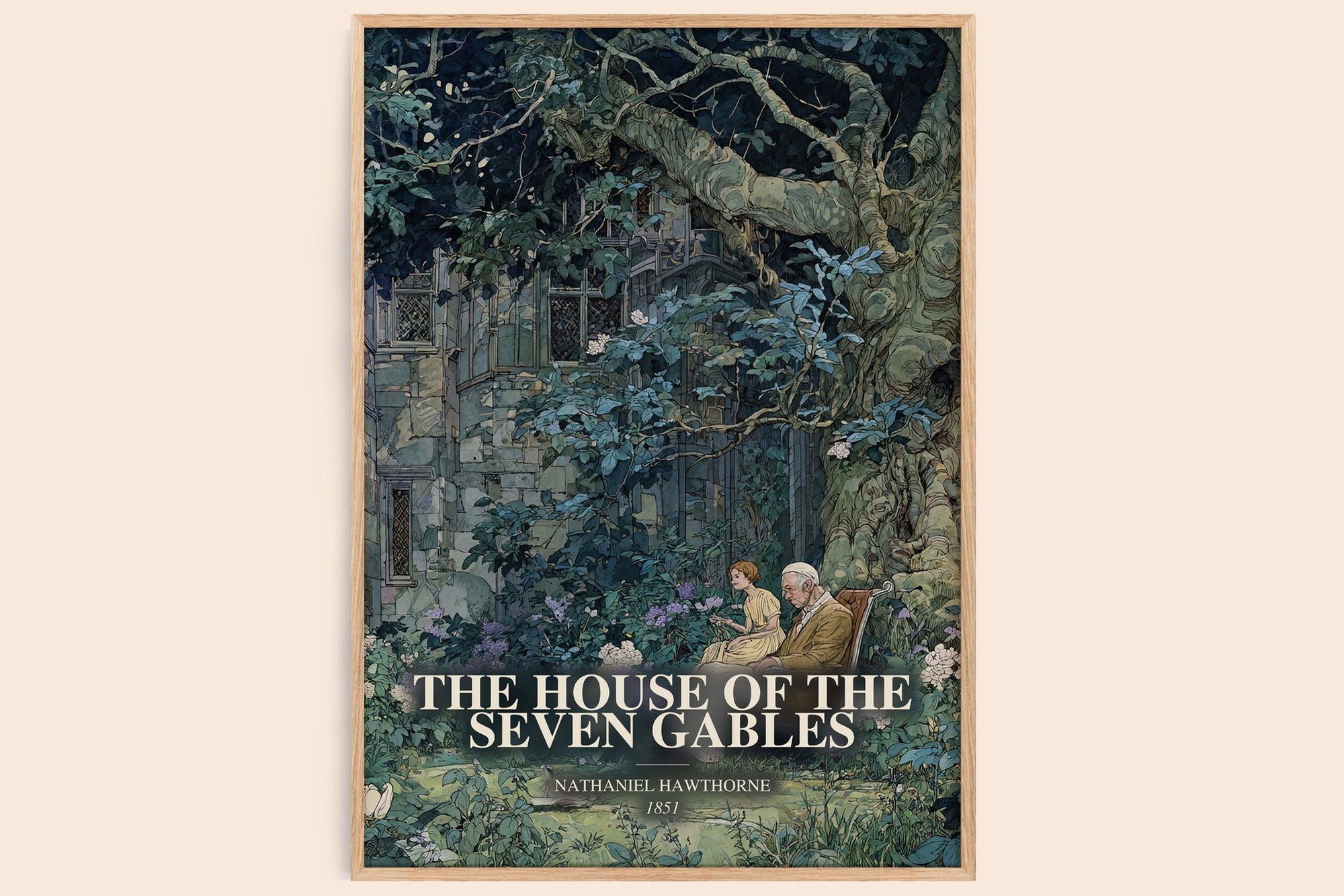 The House Of The Seven Gables watercolour book poster by Nathaniel Hawthorne – framed literary art print