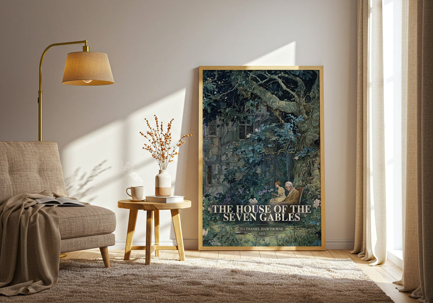 The House Of The Seven Gables watercolour print in frame leaning in hallway – gothic wall art