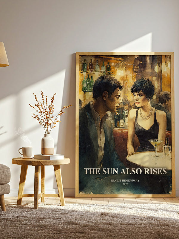 The Sun Also Rises watercolour print in frame leaning in hallway – literary fiction wall art
