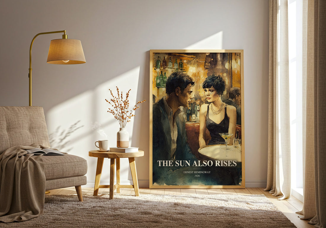 The Sun Also Rises watercolour print in frame leaning in hallway – literary fiction wall art (mockup)