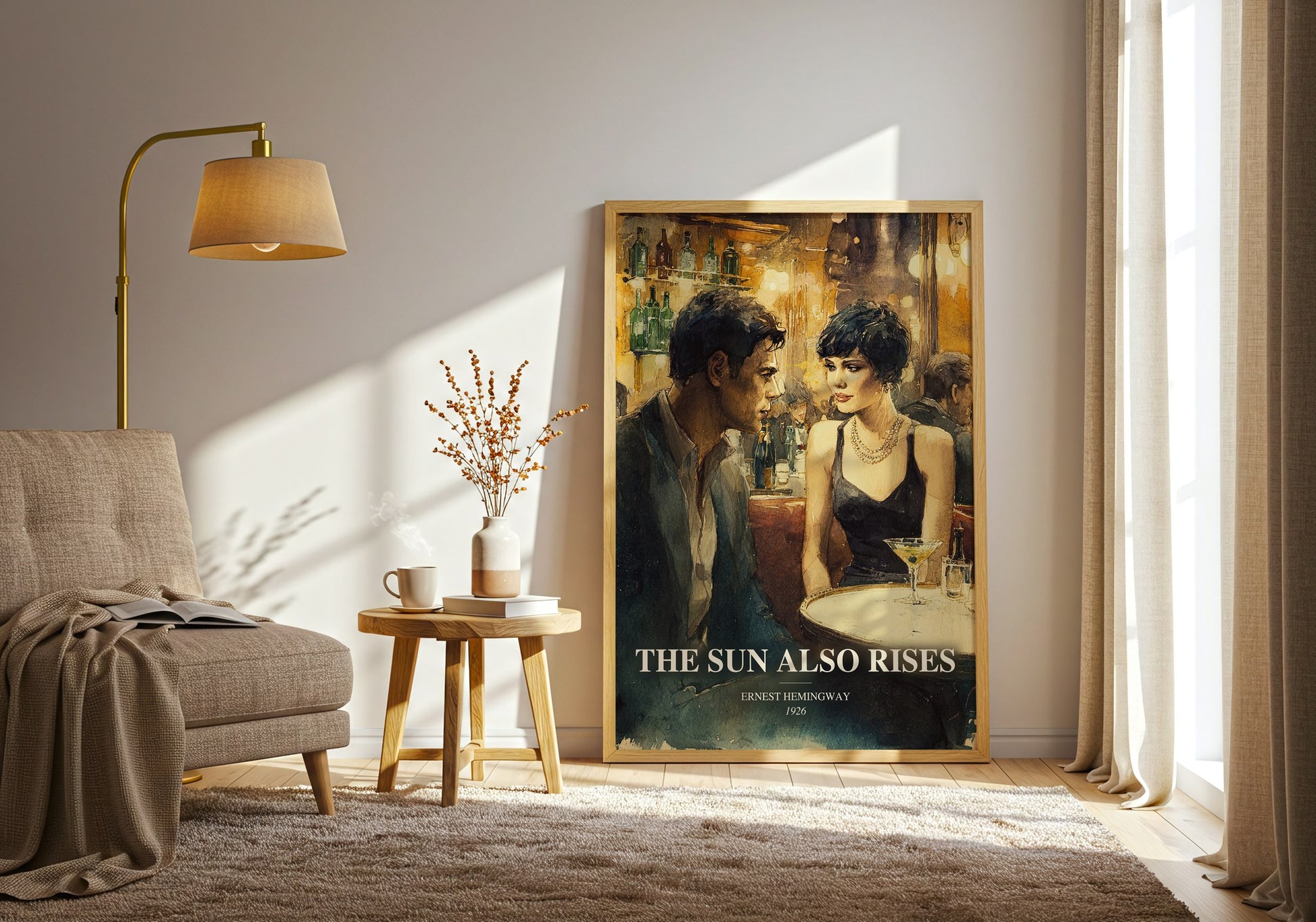 The Sun Also Rises watercolour print in frame leaning in hallway – literary fiction wall art