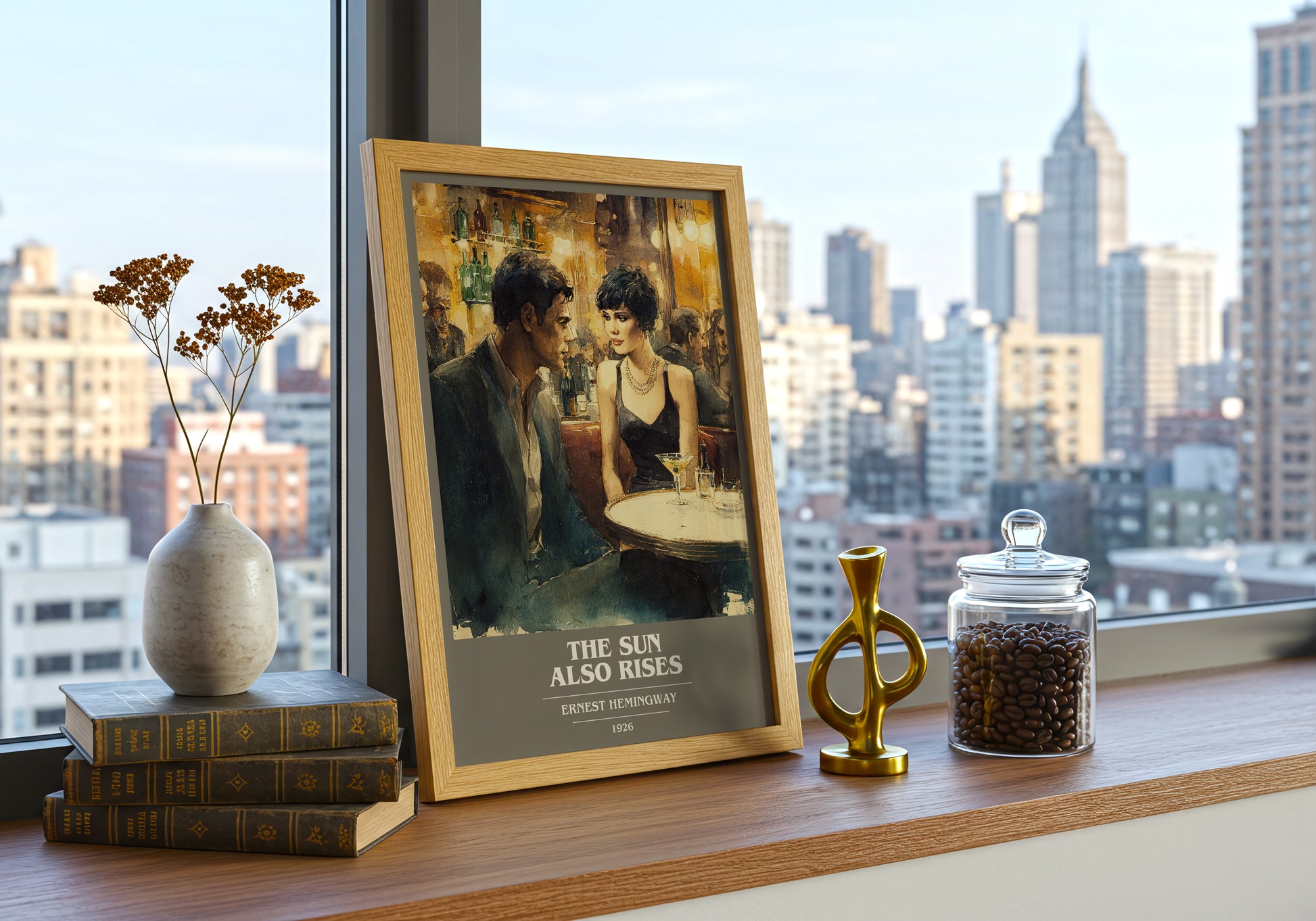 The Sun Also Rises book cover print framed by window – literary home decor