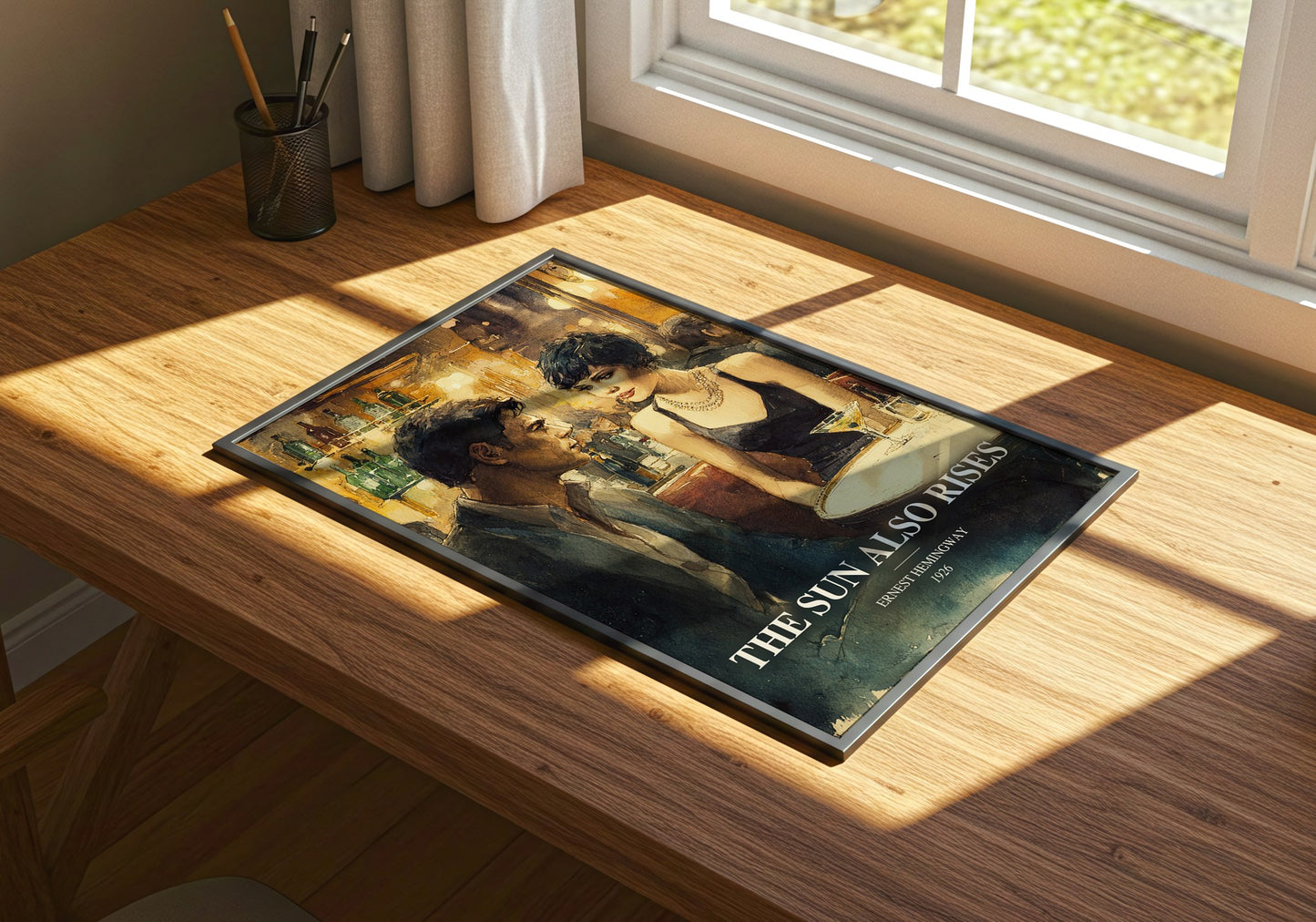 The Sun Also Rises watercolour book poster framed on wall – literary fiction wall art
