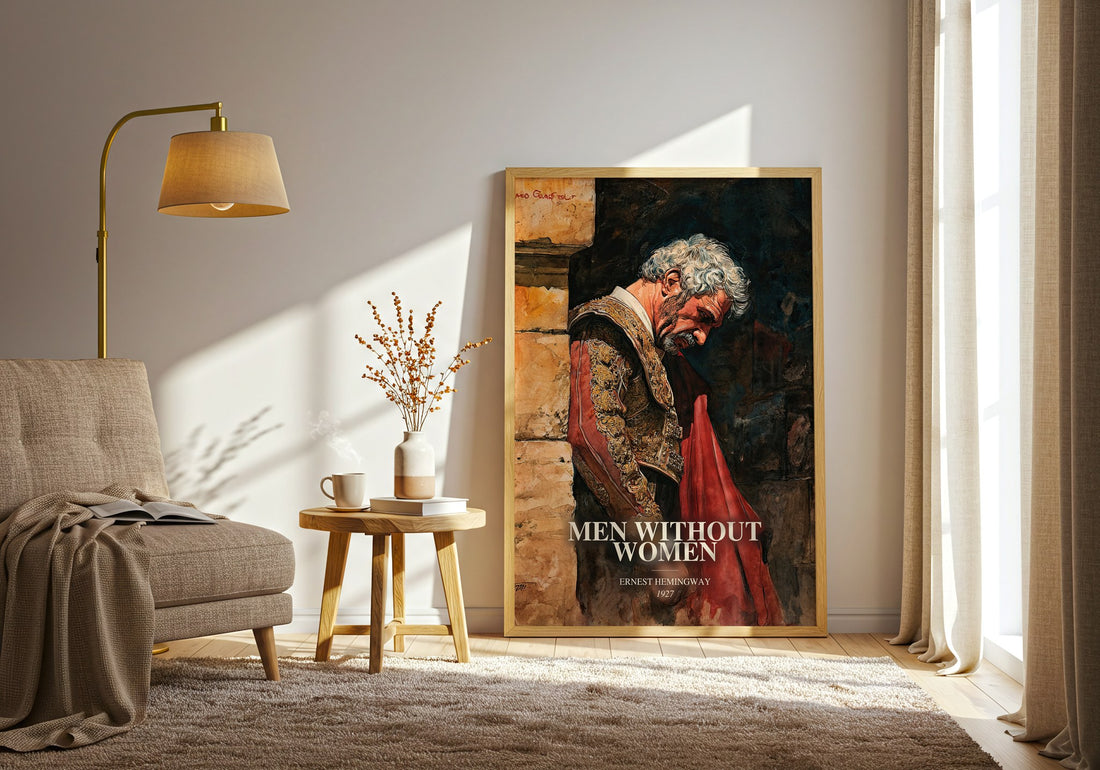 Men Without Women watercolour print in frame leaning in hallway – literary fiction wall art (mockup)