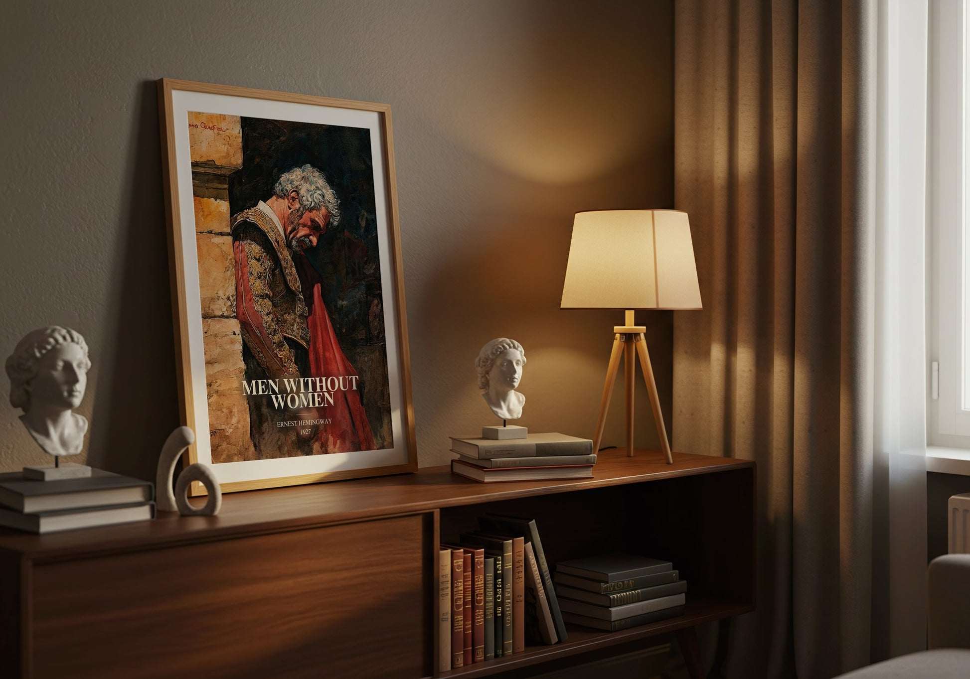 Men Without Women watercolour print on bookshelf – Ernest Hemingway fan gift
