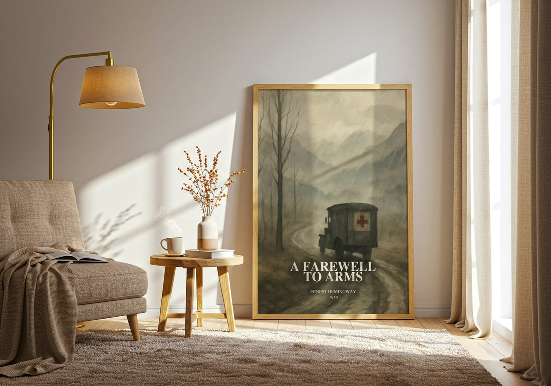 A Farewell To Arms watercolour print in frame leaning in hallway – classic literature wall art (mockup)