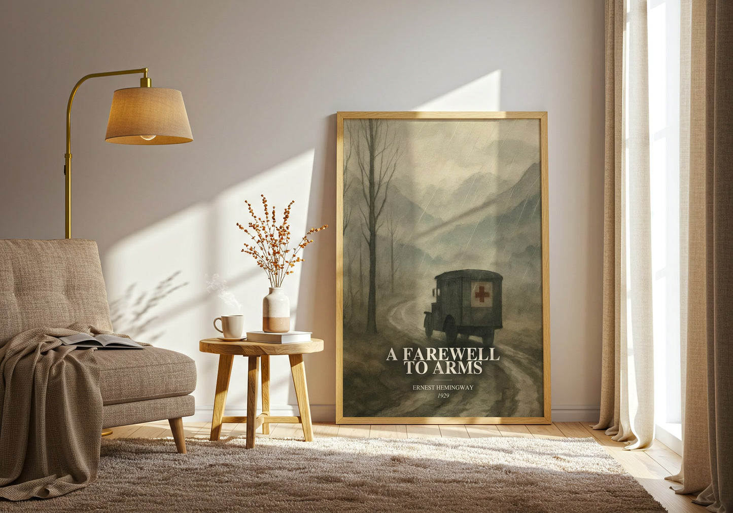 A Farewell To Arms watercolour print in frame leaning in hallway – classic literature wall art