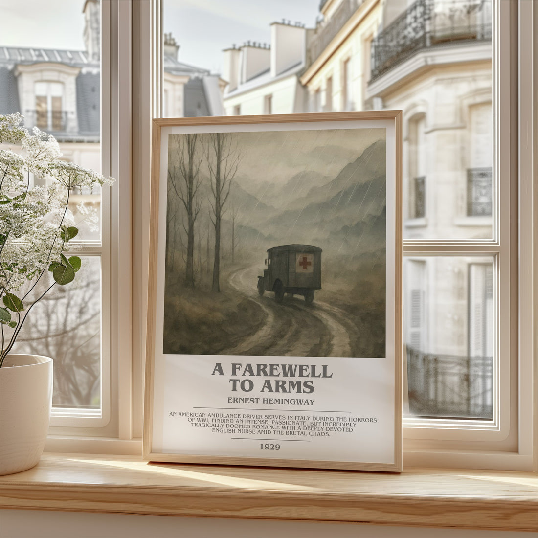 A farewell to arms Bookish Wall Art by Ernest Hemingway – framed print by a bright window