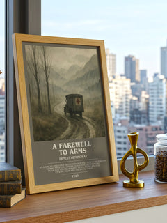 A farewell to arms Bookish Wall Art by Ernest Hemingway – framed print on a city-view windowsill