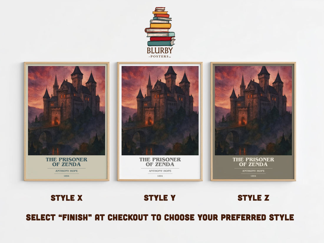 The Prisoner of Zenda book cover print in frame leaning in hallway – classic literature wall art (mockup)