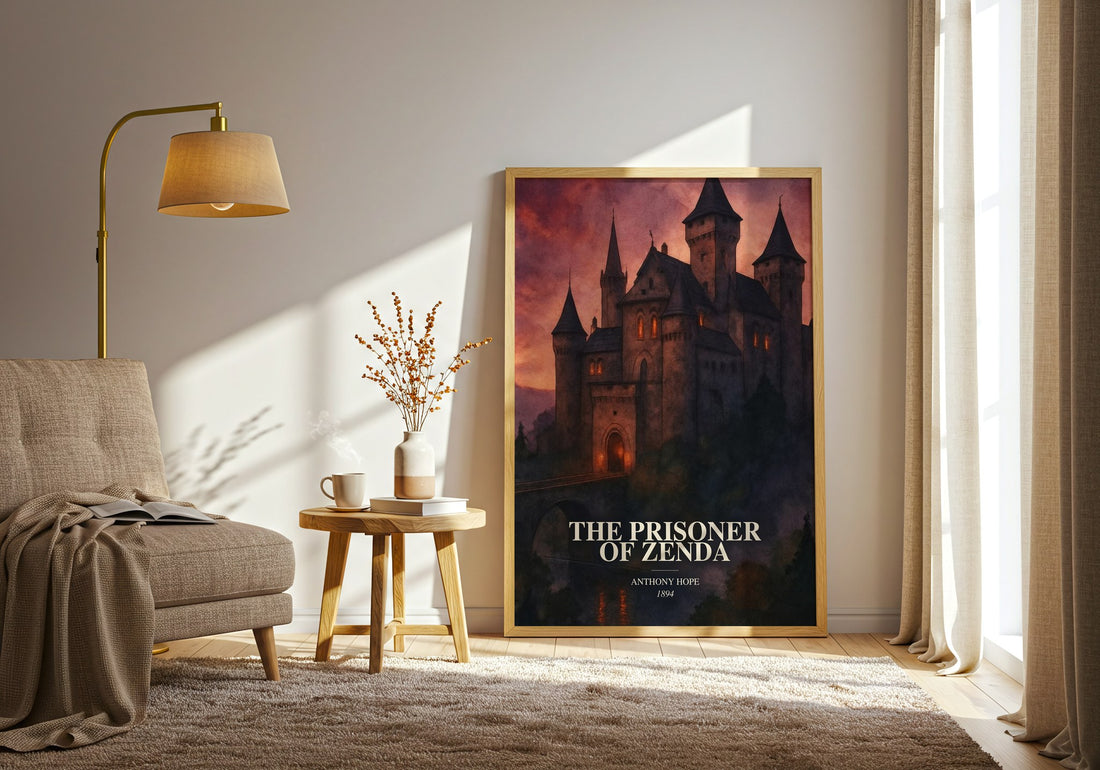 The Prisoner Of Zenda watercolour print in frame leaning in hallway – adventure wall art (mockup)