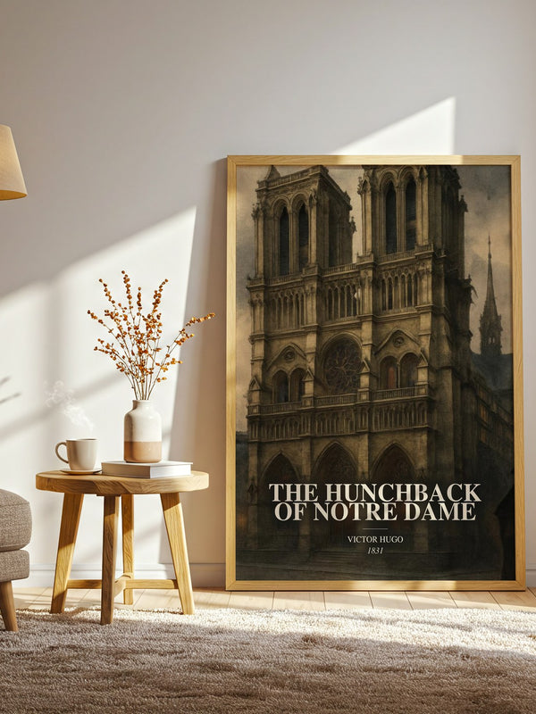 The Hunchback Of Notre Dame watercolour print in frame leaning in hallway – classic literature wall art