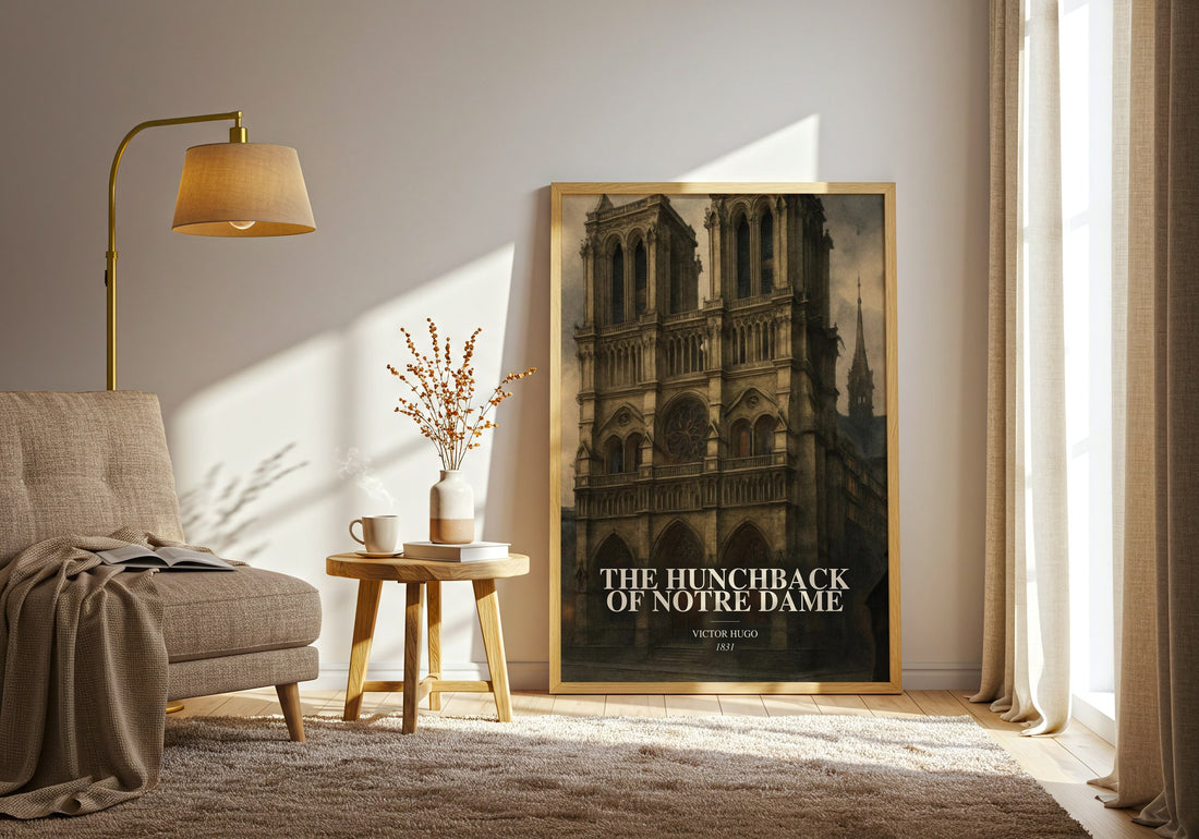 The Hunchback Of Notre Dame watercolour print in frame leaning in hallway – classic literature wall art (mockup)