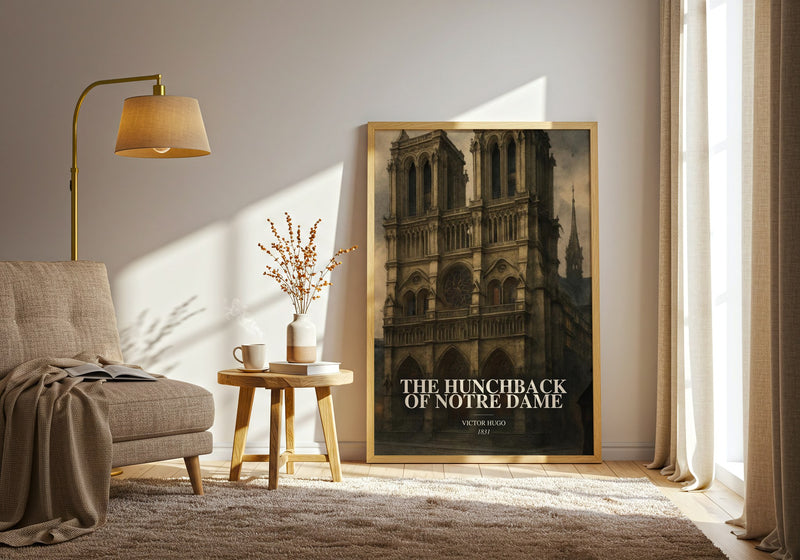 The Hunchback Of Notre Dame watercolour print in frame leaning in hallway – classic literature wall art