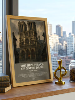 The Hunchback of Notre Dame Bookish Wall Art by Victor Hugo – framed print on a city-view windowsill