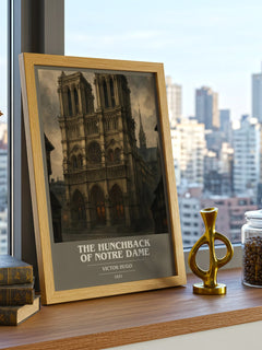 The Hunchback of Notre Dame Book Cover Poster by Victor Hugo – framed print on a city-view windowsill