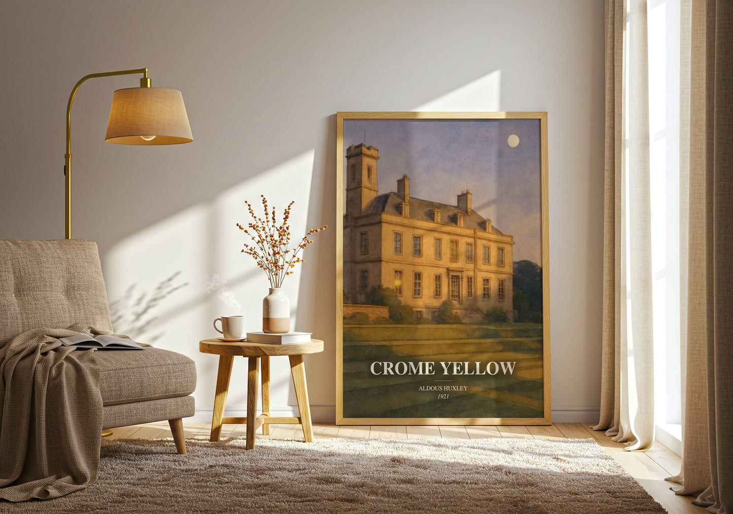 Crome Yellow watercolour print in frame leaning in hallway – satire wall art