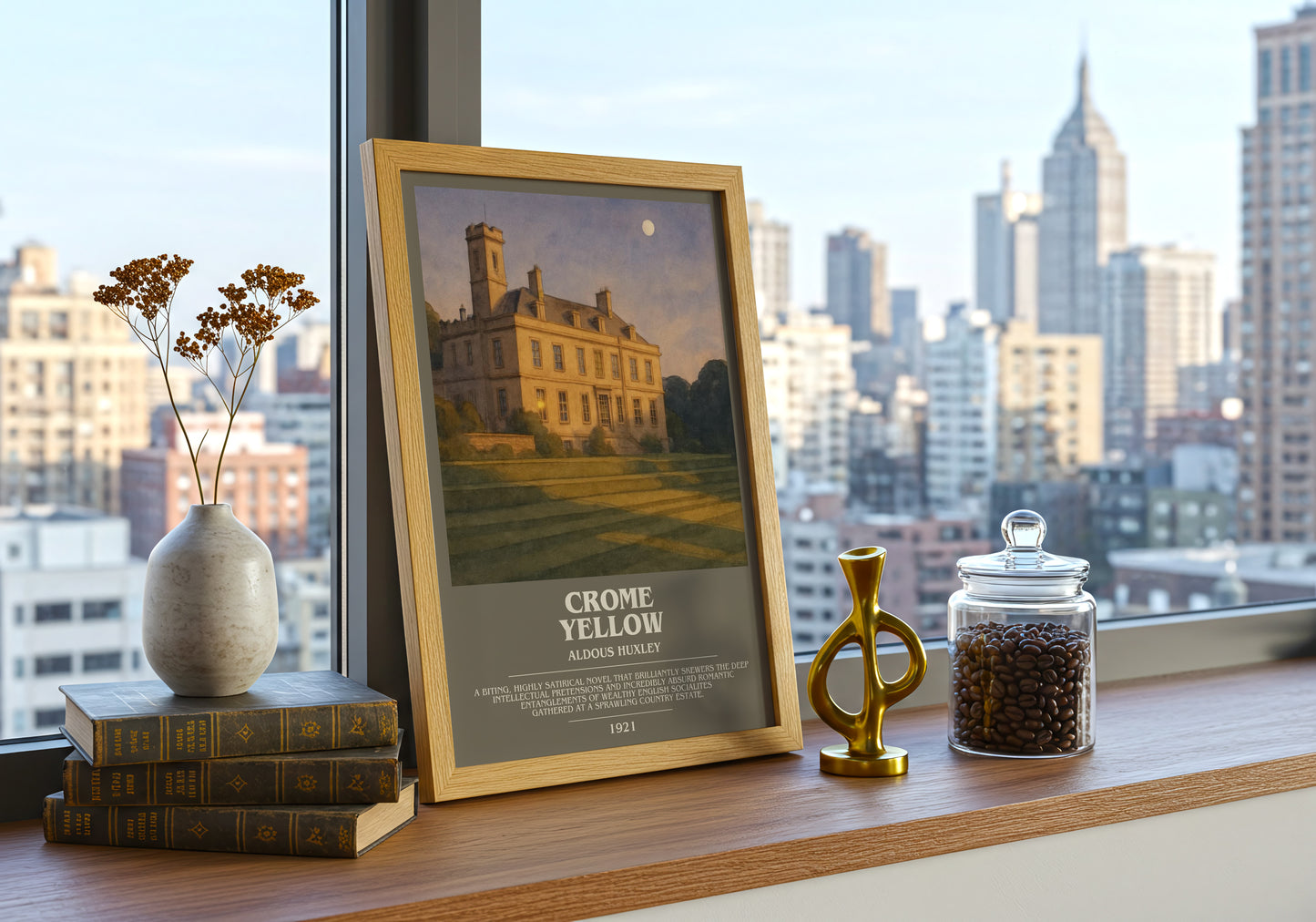 Crome Yellow bookish print framed by window – literary home decor